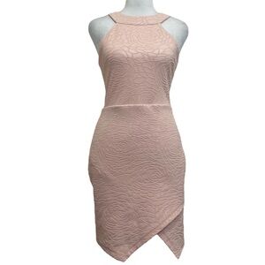 Bebe Light Pink Textured Floral Halter Neck Tulip Hem Mini Dress